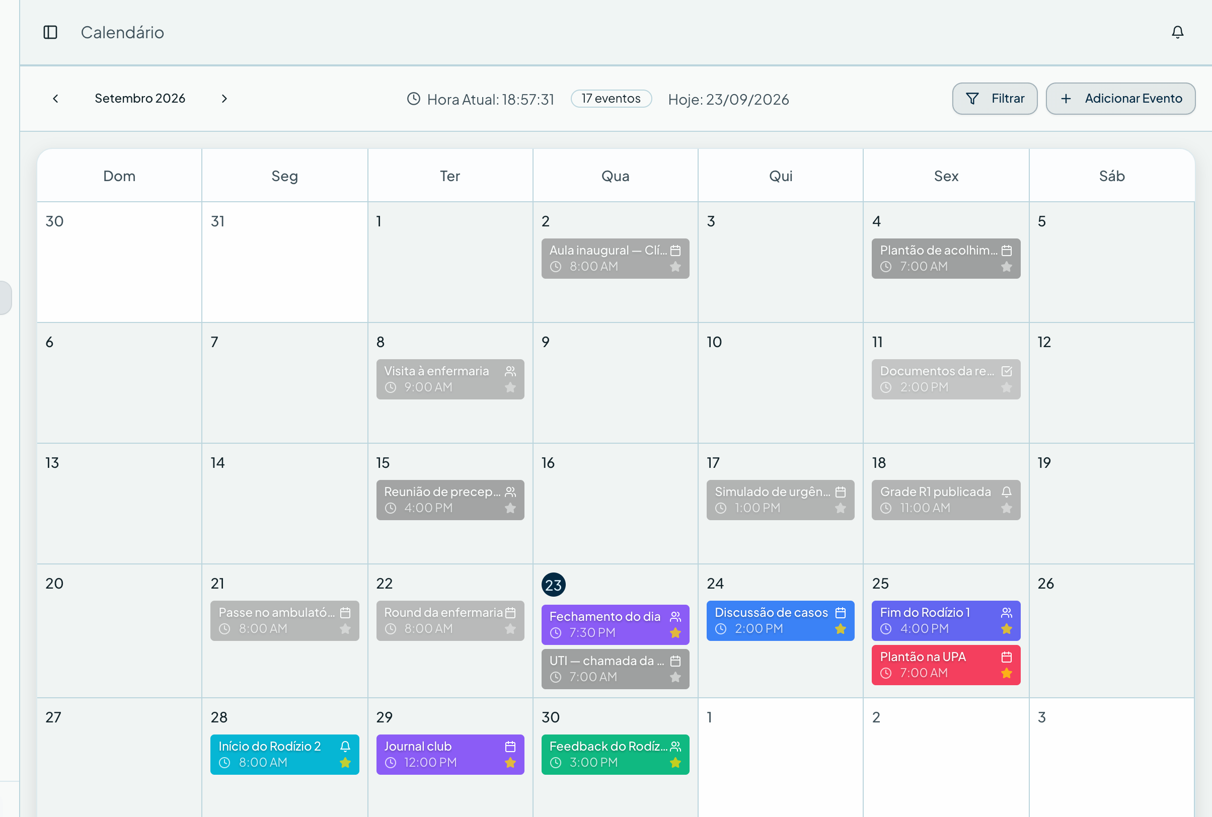 Setembro com a agenda da residência — Calendário no sistema de gestão ResiGo