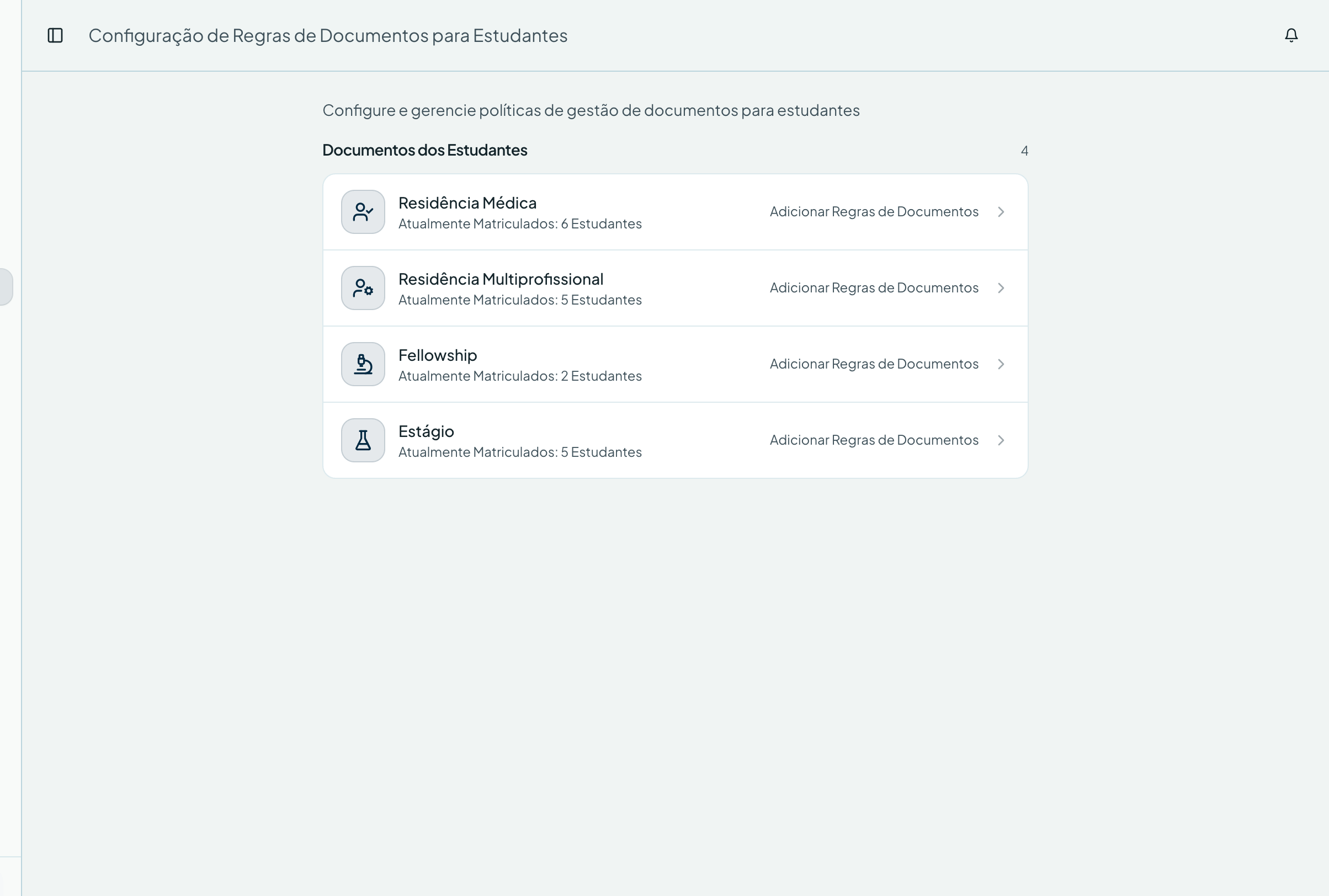 Um conjunto de regras por programa — Documentos por programa no sistema de gestão ResiGo