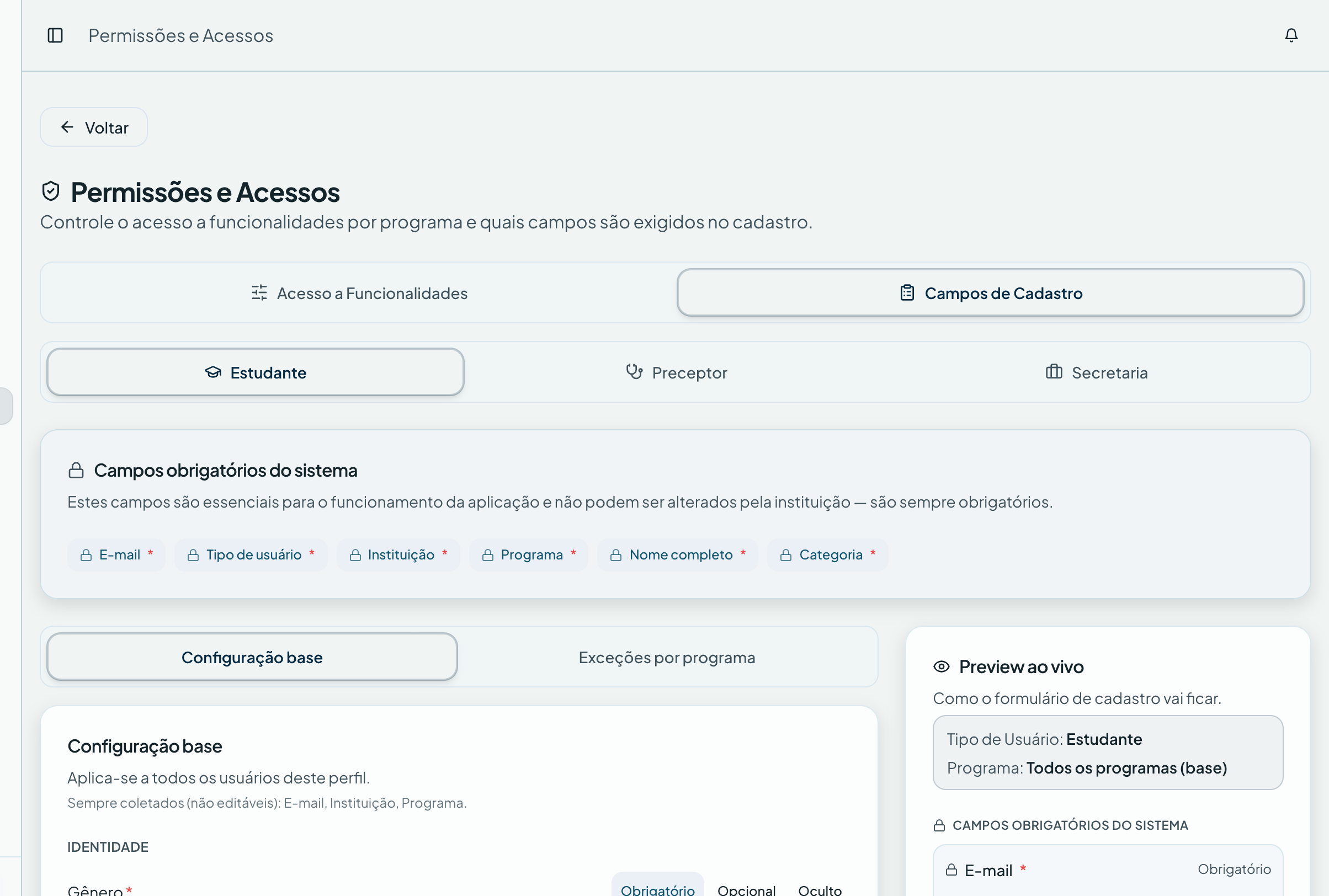 Campos do cadastro — Permissões e acessos no sistema de gestão ResiGo