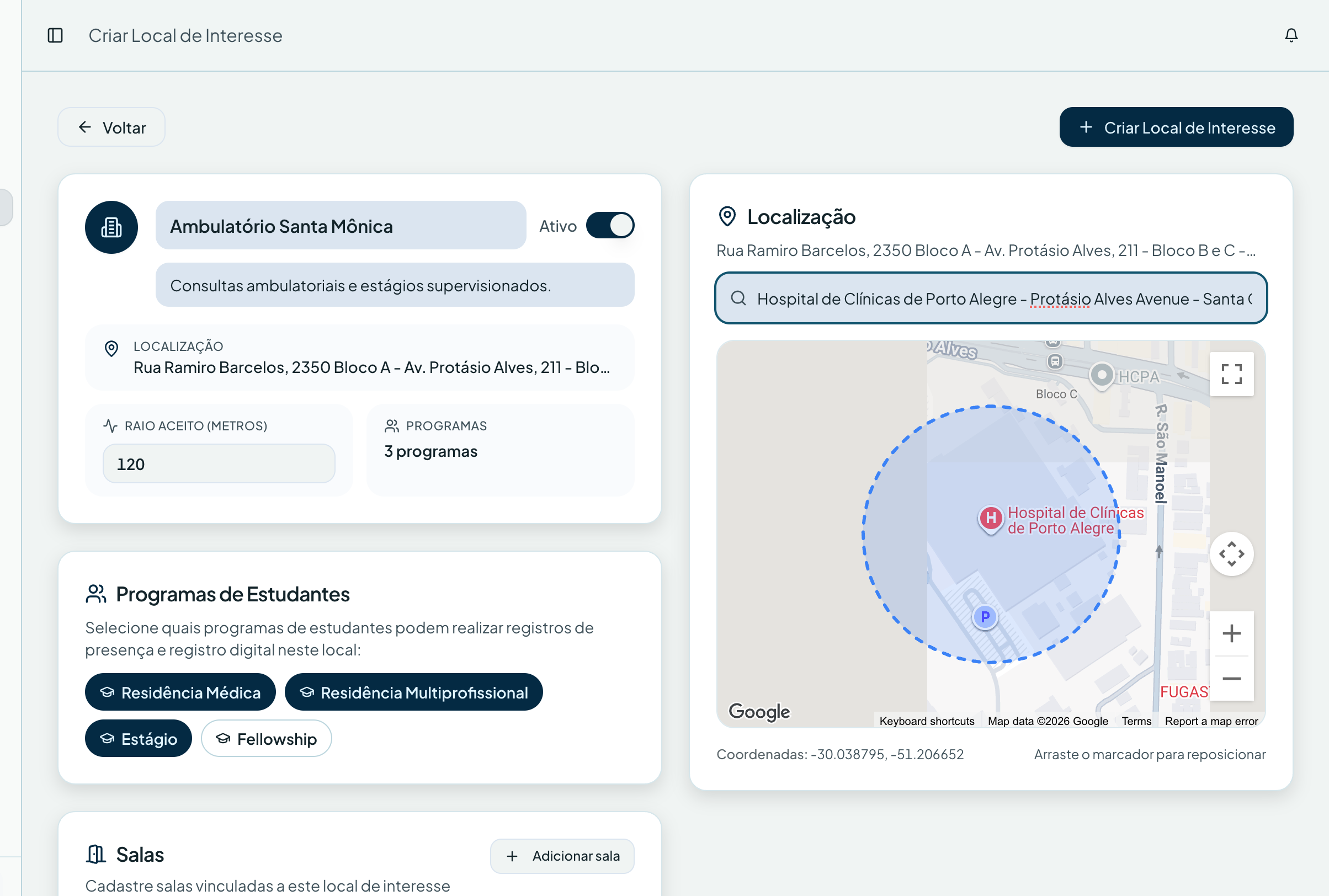 Cadastrando um novo local — Pontos de saúde no sistema de gestão ResiGo