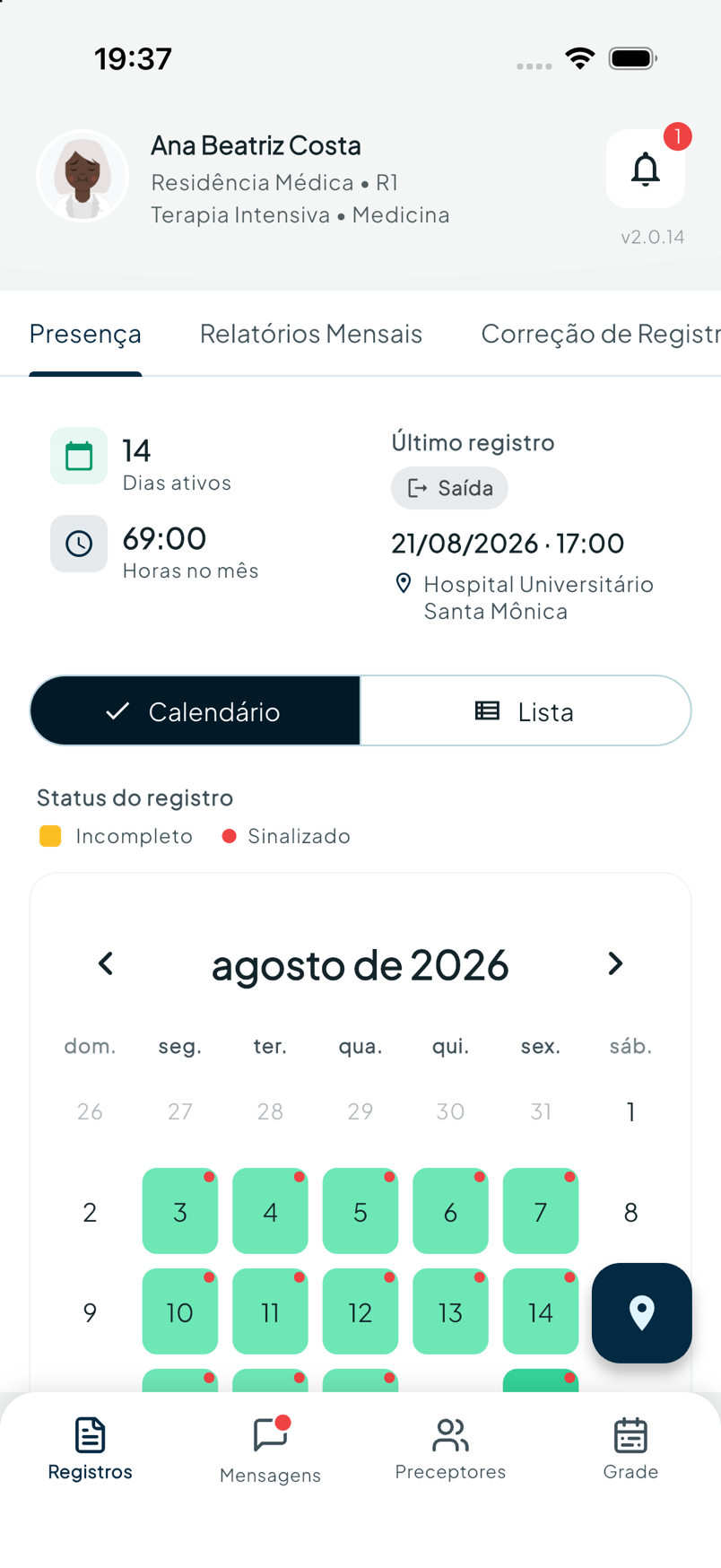 Agosto da Ana: 14 dias e 69 horas — Presença no sistema de gestão ResiGo