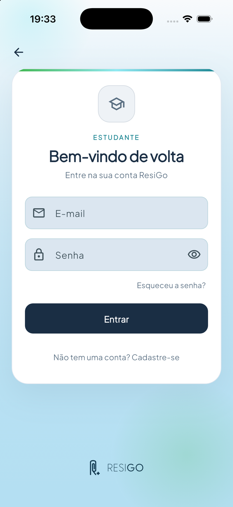 Login do estudante — Primeiros passos no sistema de gestão ResiGo