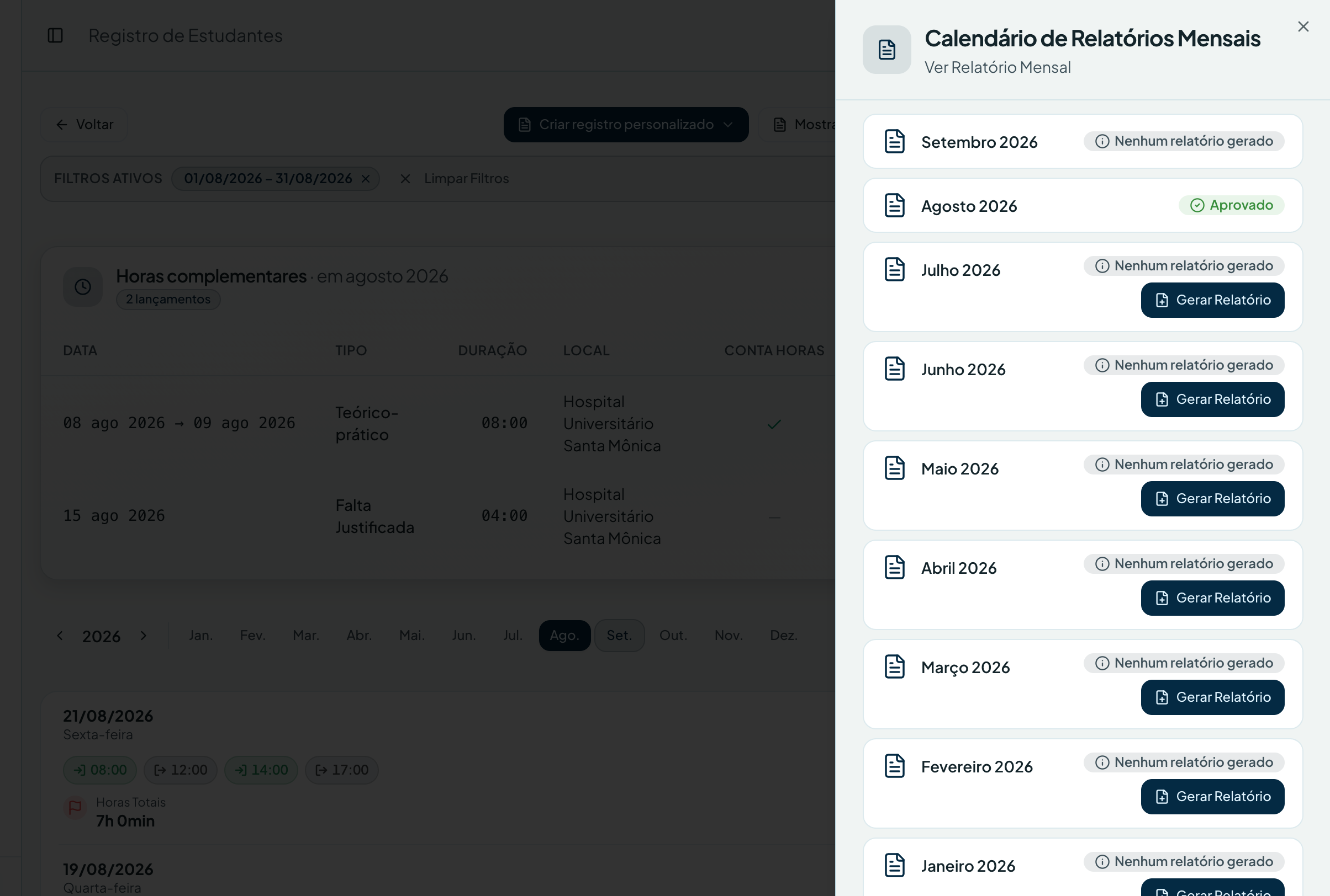 O calendário marca o mês aprovado — Relatório mensal no sistema de gestão ResiGo