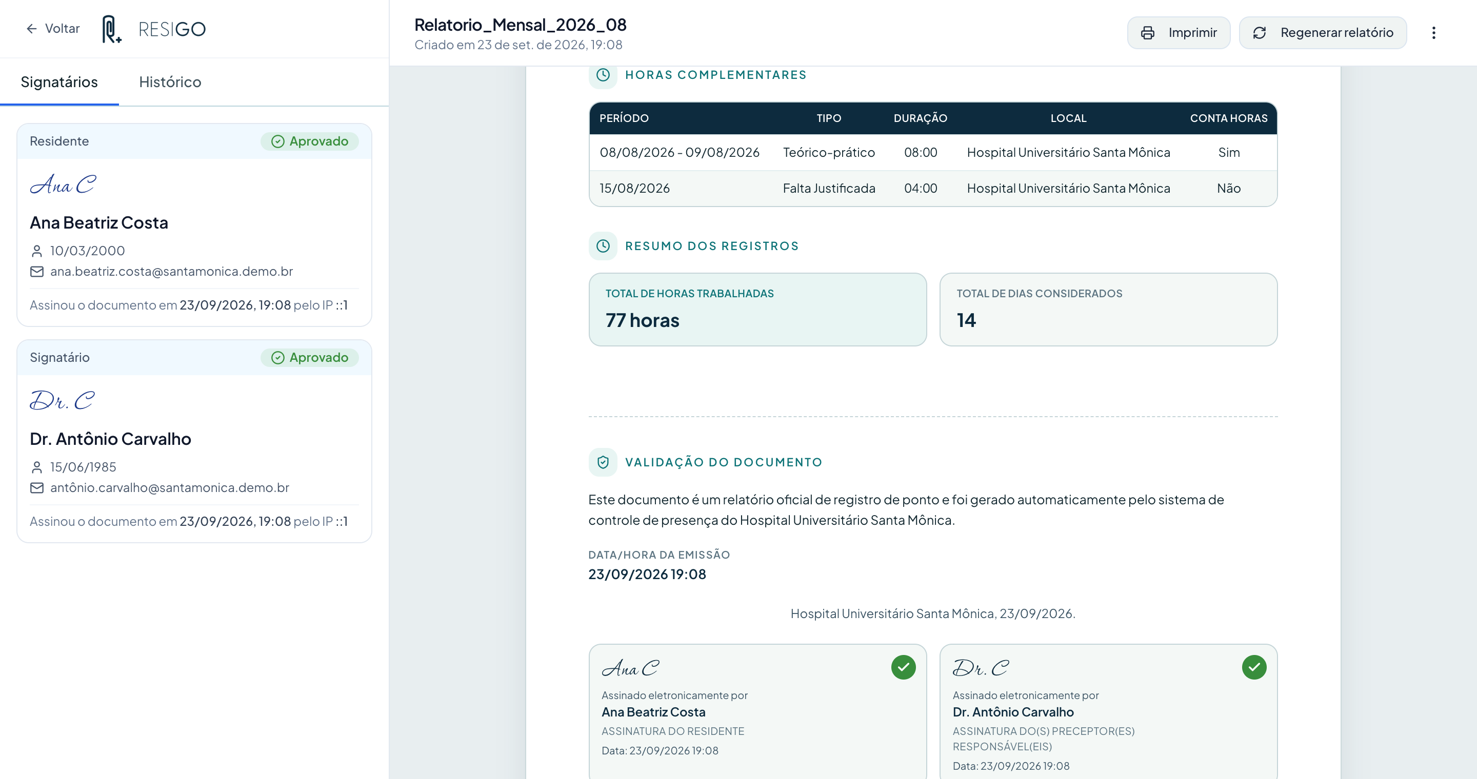 Horas, total e assinatura eletrônica — Relatório mensal no sistema de gestão ResiGo